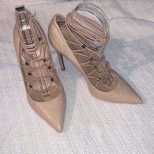 Valentino Garavani Ankle Strap Rockstud Nude Leather Gladiator Pumps, 39 or 8.5